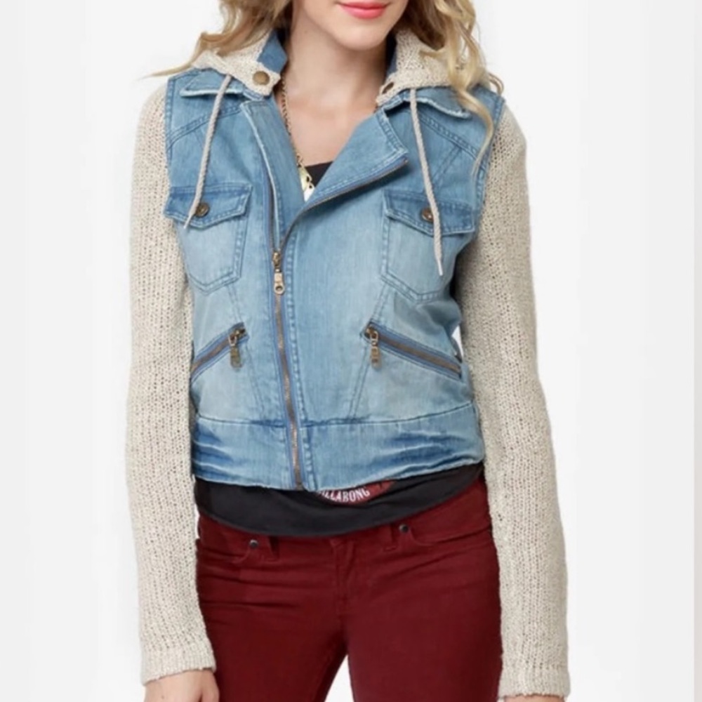 NWT Billabong Mixed Media Hooded Knit Jean Jacket